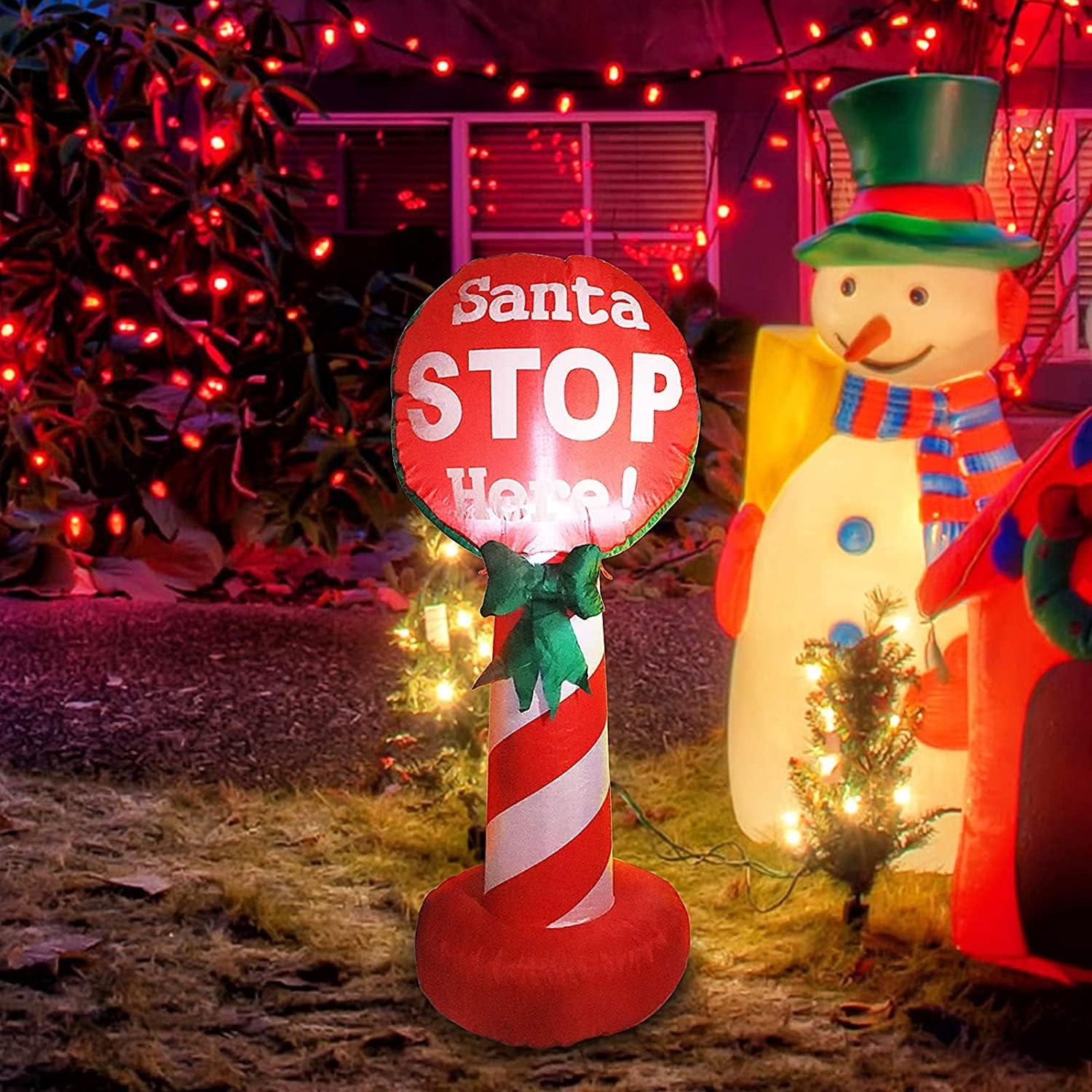 4 FT Christmas Inflatables - Outdoor Christmas Decorations Inflatable Santa Stop Here Sign Built-In LED Lights Xmas Outdoor Yard Decorations